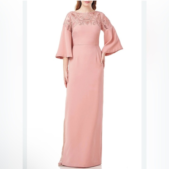 JS Collections Embellished Boat Neck 3/4 Flare Sleeve Solid Stretch Crepe Dress - Picture 1 of 7